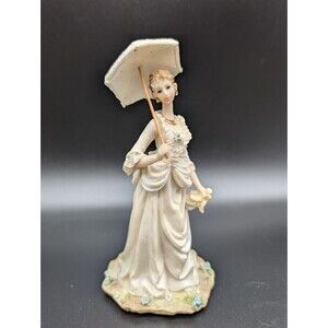 Elegant Victorian Lady Figurine 6" Holding Parasol & Handkerchief Detailed